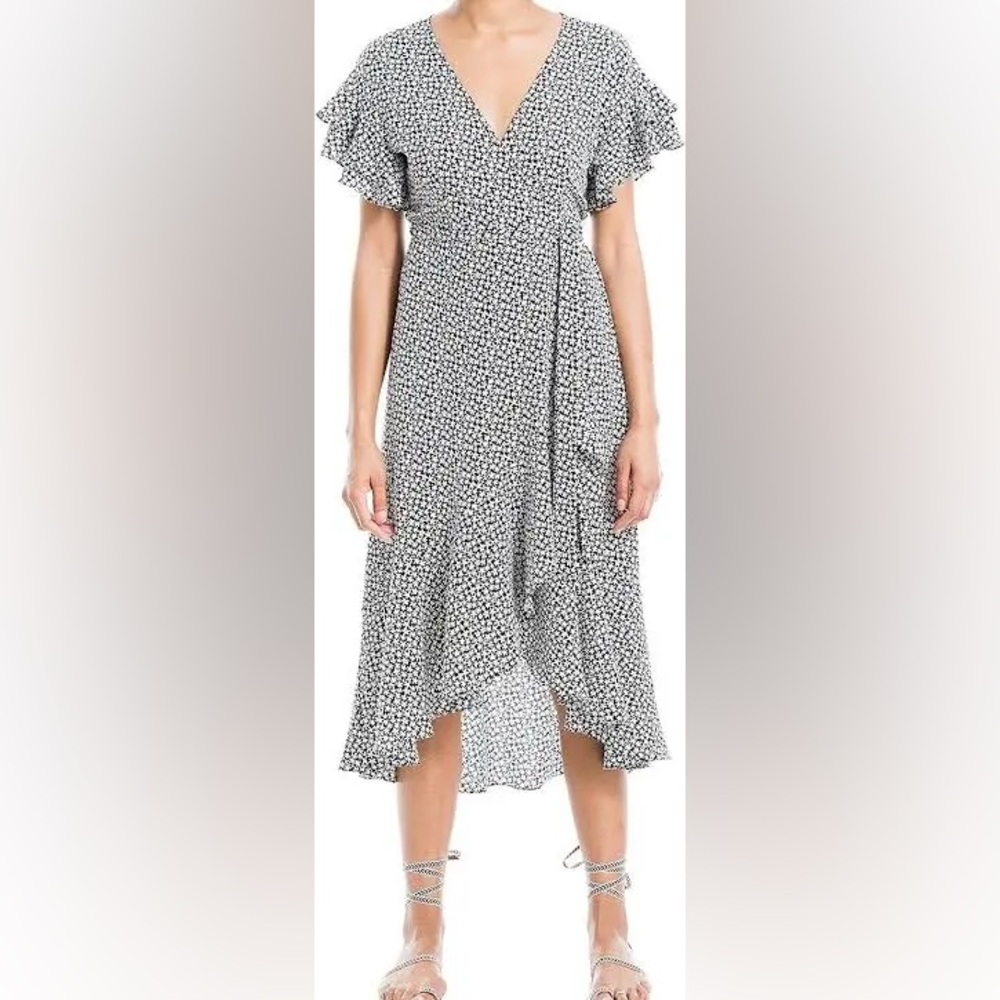 Max Studio Ruffle Crepe High Low wrap Midi Dress